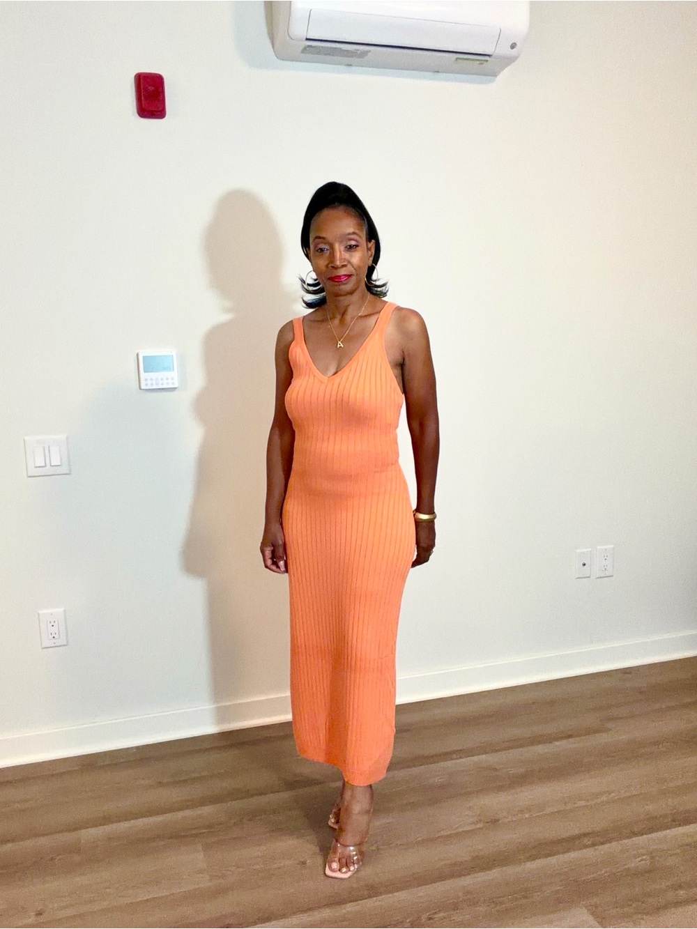 Sleek Ribbed Orange Midi Dress - V-Neck Tank Style